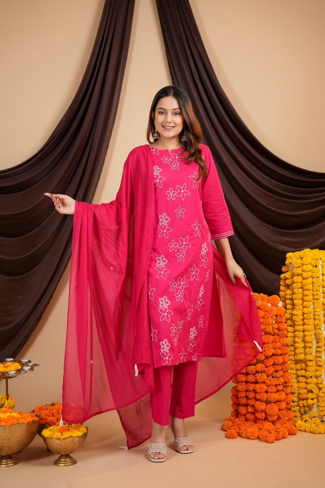 Pink Cotton Embroidered Khadi Suit Set